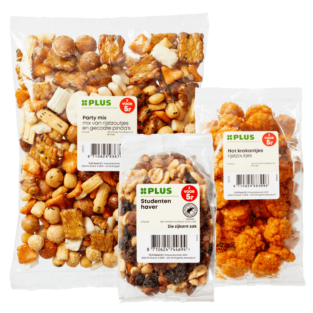 PLUS Kies & Mix Pinda's, noten en rijstzoutjes