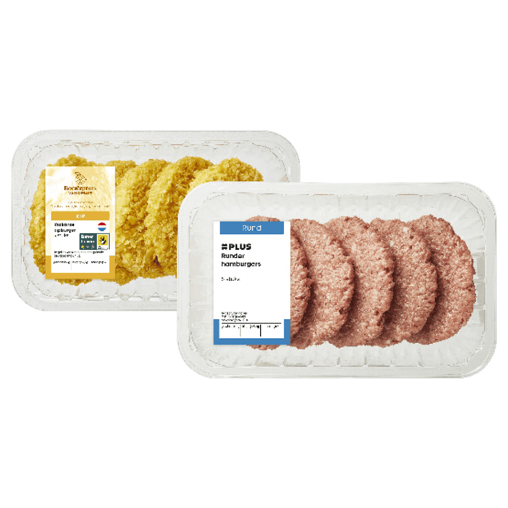 PLUS Boerentrots Houthakkers- en kipburgers en PLUS Runder hamburgers