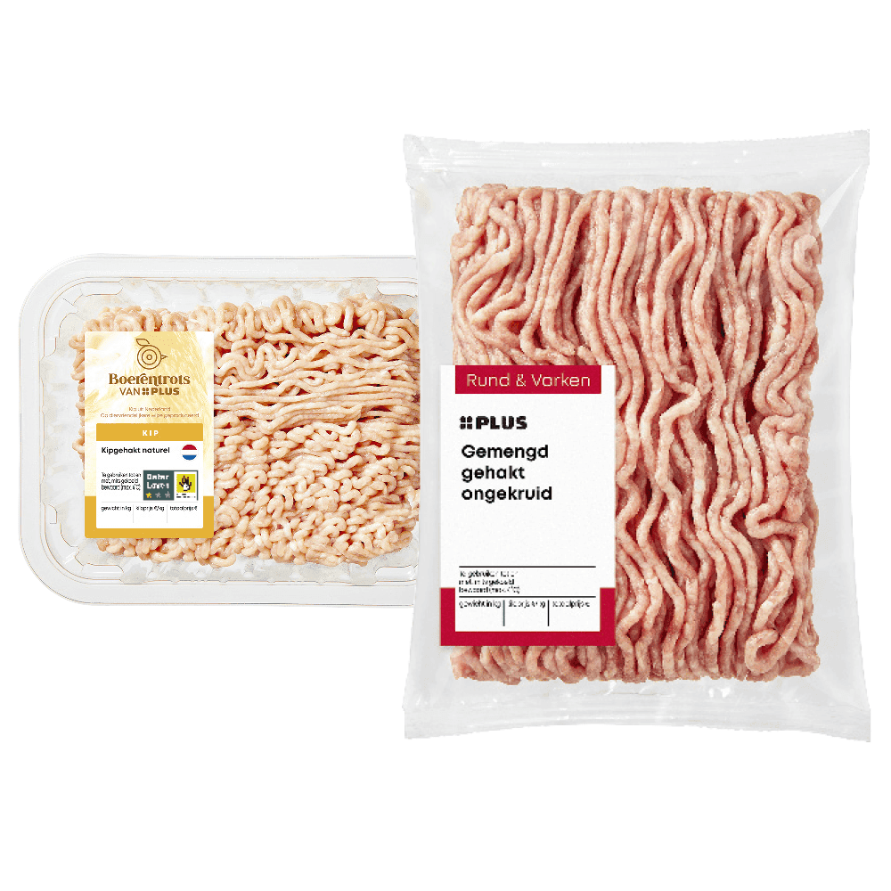 PLUS Gemengd-, kip- en pastagehakt