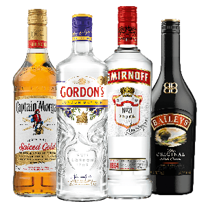 Captain Morgan Rum, Smirnoff Vodka, Gordon's Gin of Baileys likeur
