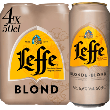 Leffe Belgisch Abdijbier Blond Subtiel Vleugje Vanille en Kruidnagel Blikken 4 x 50 cl