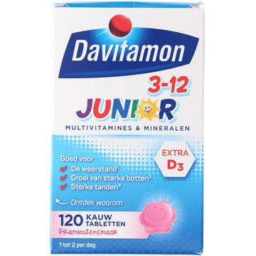 Davitamon Junior 3-12 kauwvitamines framboos, 120 stuks