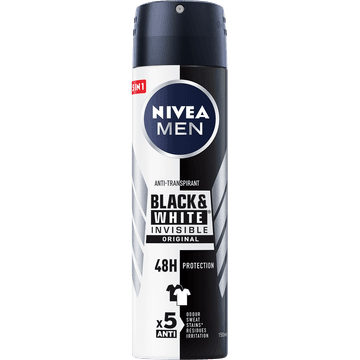 NIVEA MEN Black & White Invisible Original Anti-Transpirant Spray - 150ml - Geen witte of gele vlekken - Quickdry - Alcoholvrij - Beschermt 72 uur