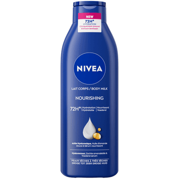 NIVEA Verzorgende Body Milk - met Hyaluronzuur Zachte Amandel Olie en Voedend serum - Body Melk met 72 Uur Hydratatie - Voor Droge tot Zeer Droge Huid - 250ml